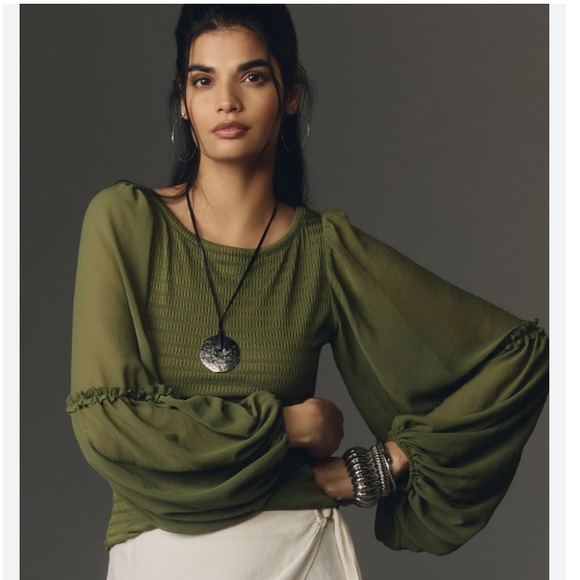 BALLOON-SLEEVE SMOCKED TOP - Picture 1 of 10